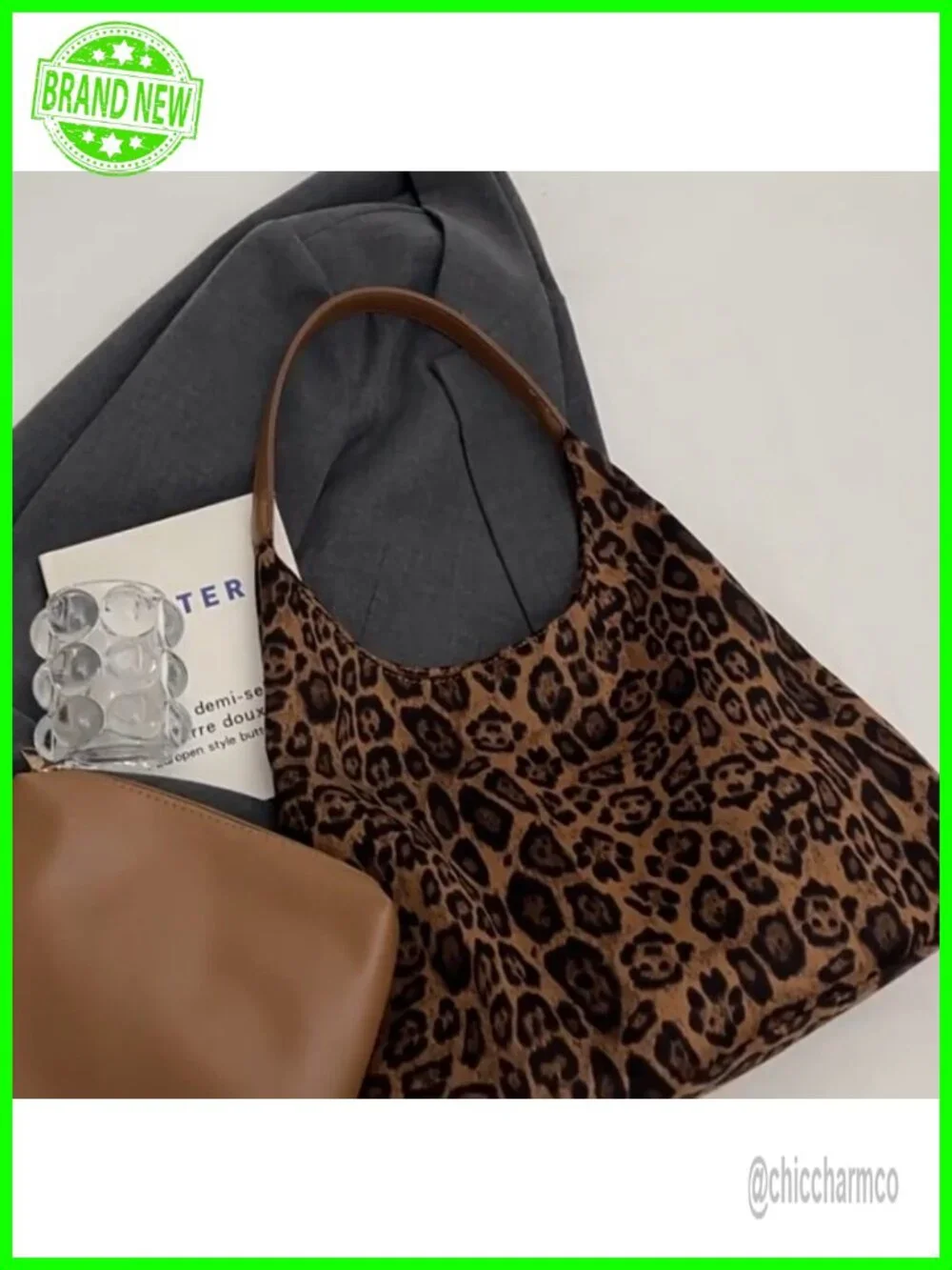 Faux Suede Leopard Print Hobo Tote Bag Set Shoulder Purse